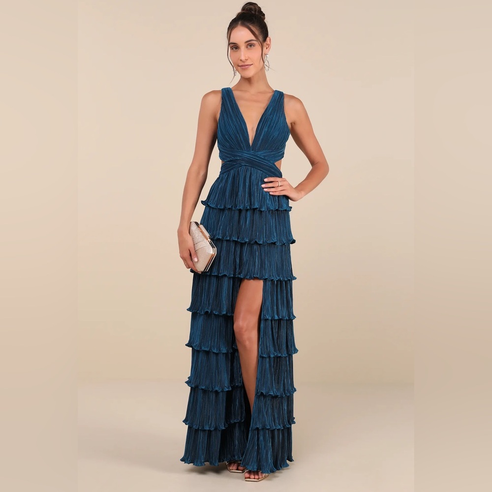 Lulus Beauty Icon Dark Teal Satin Pleated Tiered Lace-Up Maxi Dress